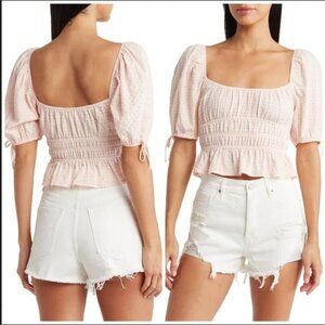 NWT Anthropologie Cotton Square-neck Gingham Milk-maid Top Puff Sleeve Baby Pink